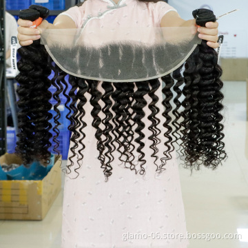 Annione Deep Wave Hair Bundles With Transparent Lace Frontal Brazilian Human Hair Weave Bundles Vendor 2 3 Bundles With Frontal